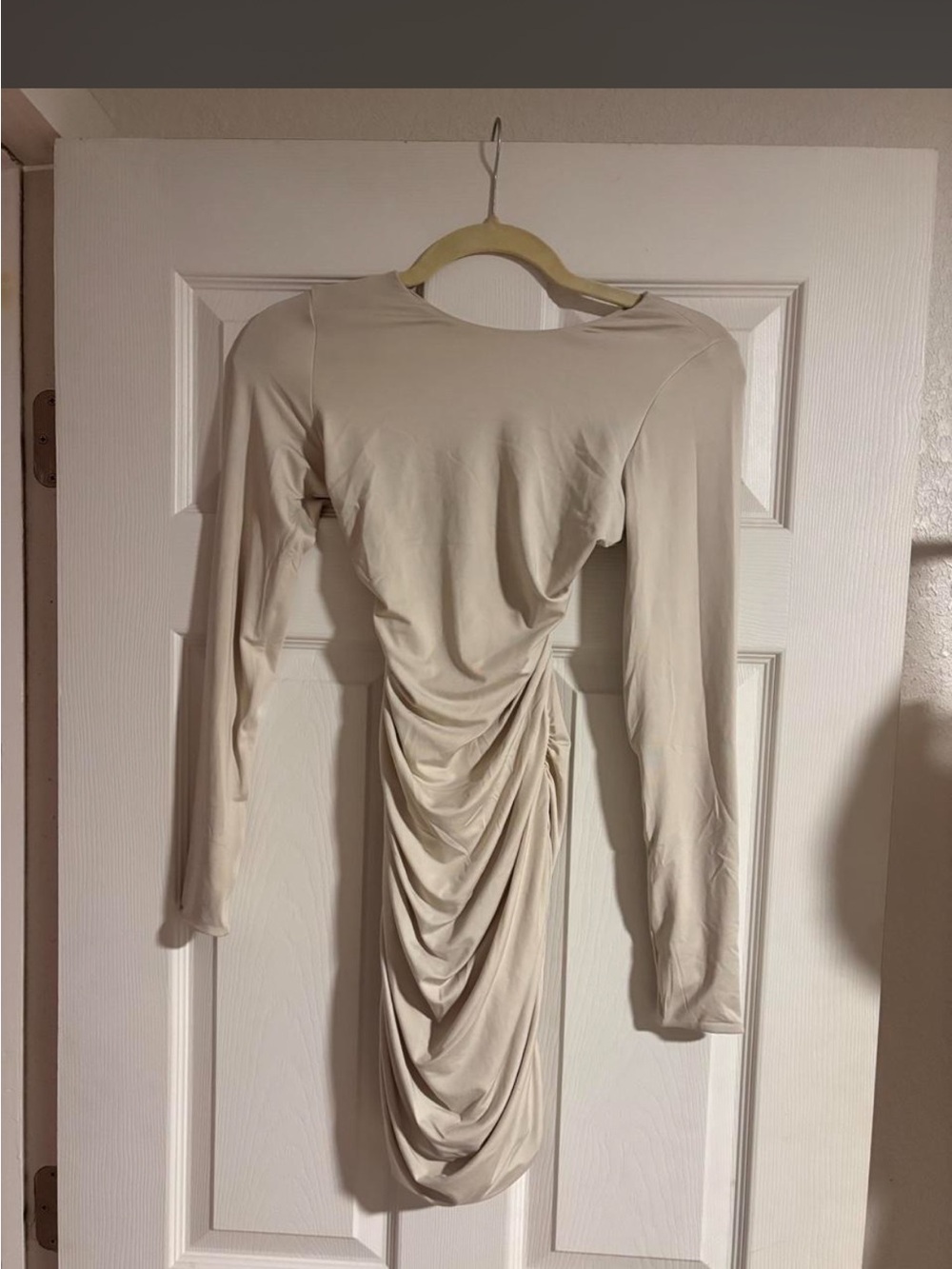 Oh Polly Cream Ruched Long-Sleeve Mini Dress